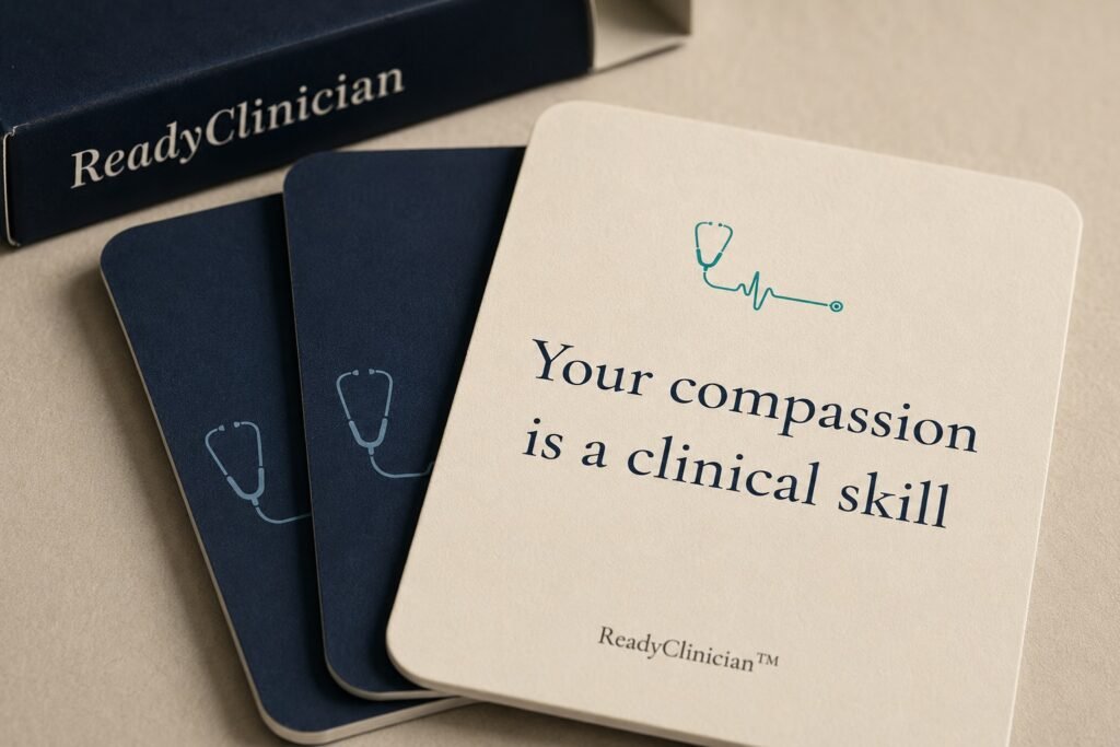 Close-up of a ReadyClinician reflection card on premium linen-finish cardstock