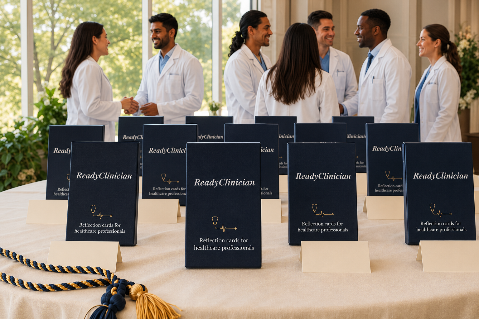 ReadyClinician reflection card decks displayed for a diverse healthcare team.